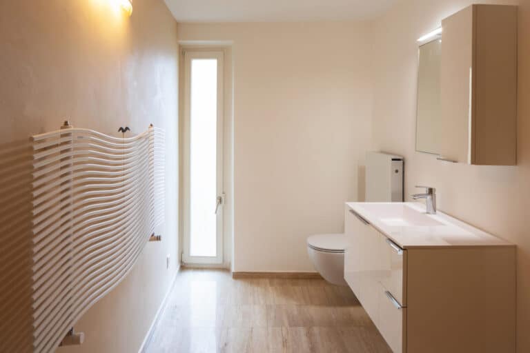Modern minimalist marble bathroom, elegant. Nobody inside